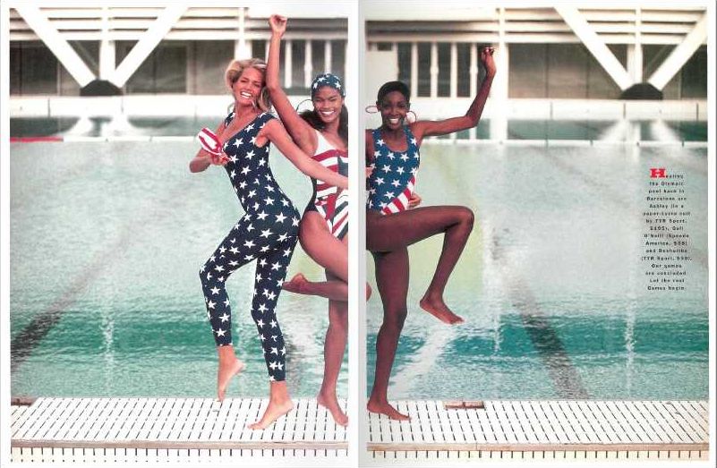 Model Ashley Montana, Gail O'Neill and Roshumba Williams pose for the 1992 Sports Illustrated Swimsuit issue