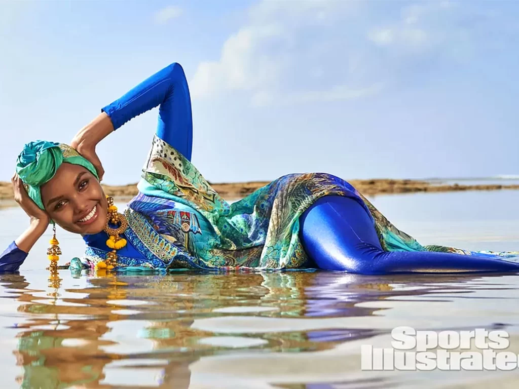Halima modeling in a burkini for the Sports Illustrated Swimsuit Issue.